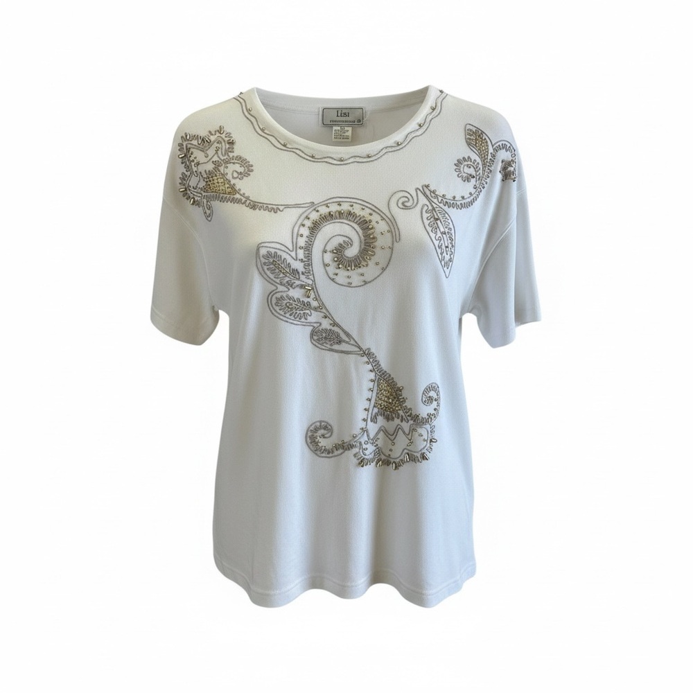 Lisa International 3D Embellished Paisley Beaded White Tee‎ Top L Vintage Style